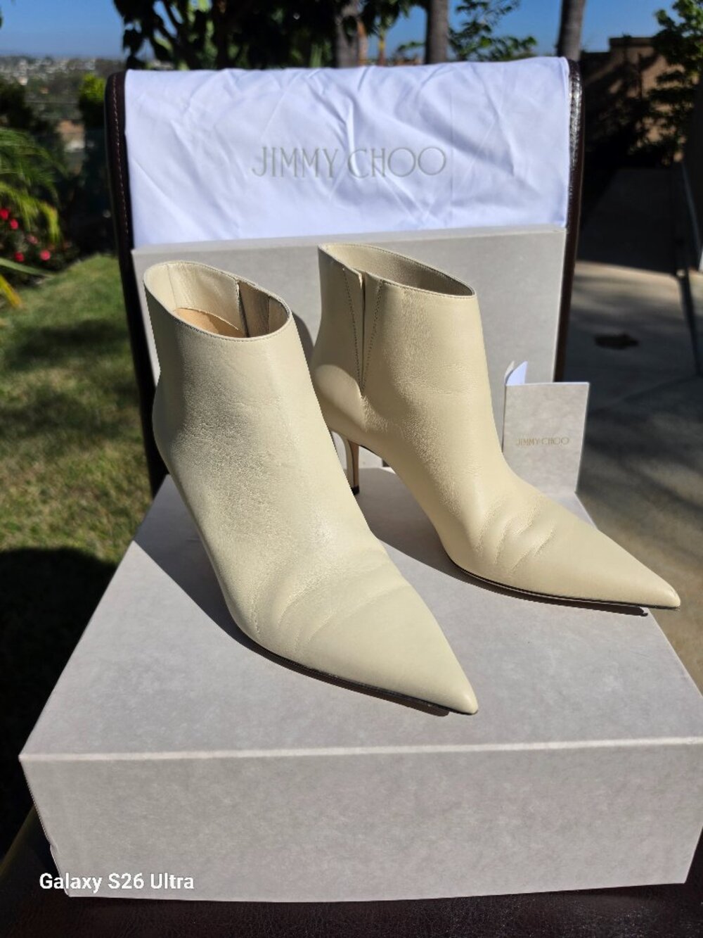 Jimmy Choo Marinda 65 Smooth Leather Pointed Toe Ankle Booties - Size 38 Cream